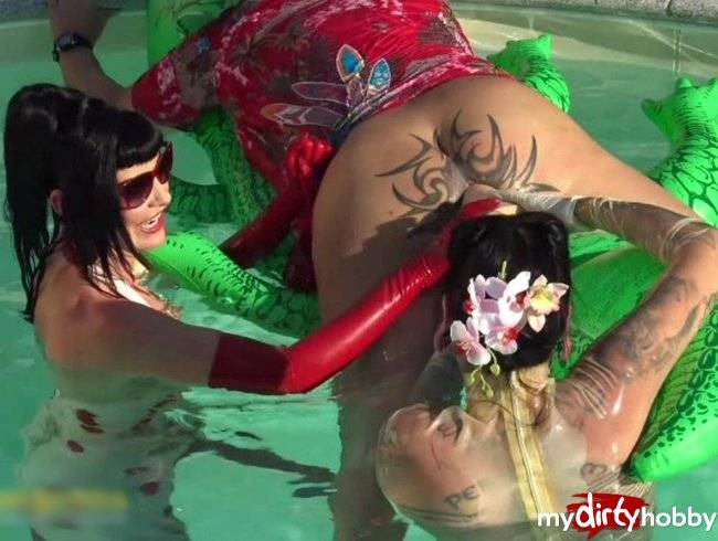 Carmen Rivera & Lady Vampira are celebrating a pool party with their slaves 7